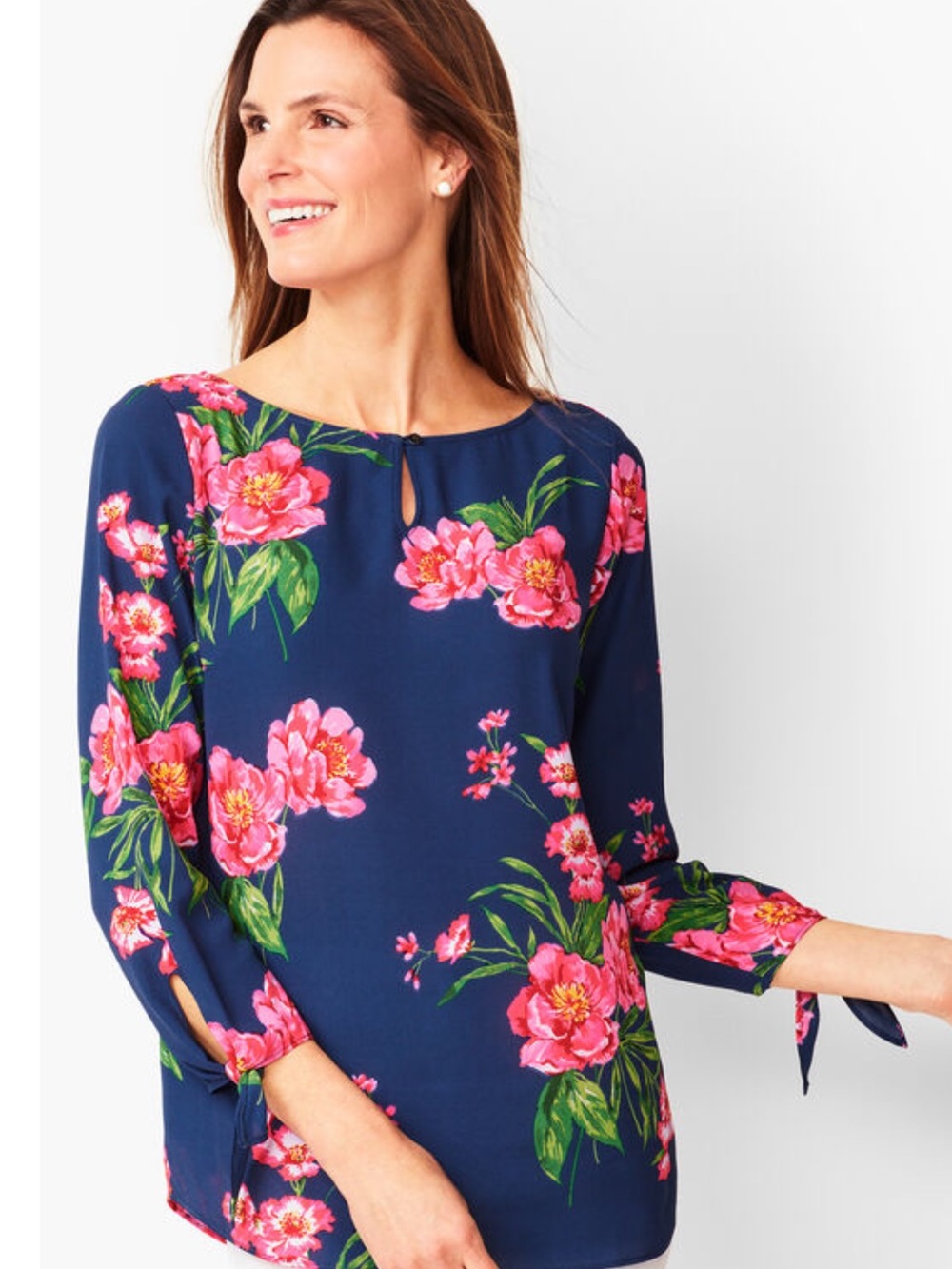 Talbots Navy Floral Tie Sleeve Blouse Size S